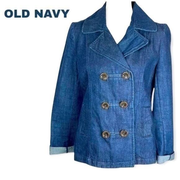 Old Navy Blue 100% Cotton Double Breasted Cottage Boho Jean Jacket NWOT Size SP - Picture 2 of 10